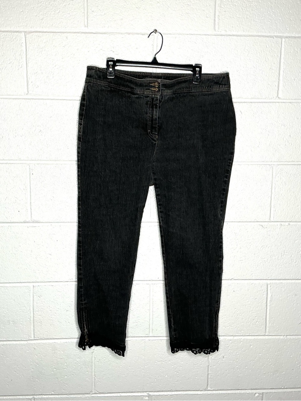 < Doncaster Plus Size Black Jeans With Lace Trimming at Hem >